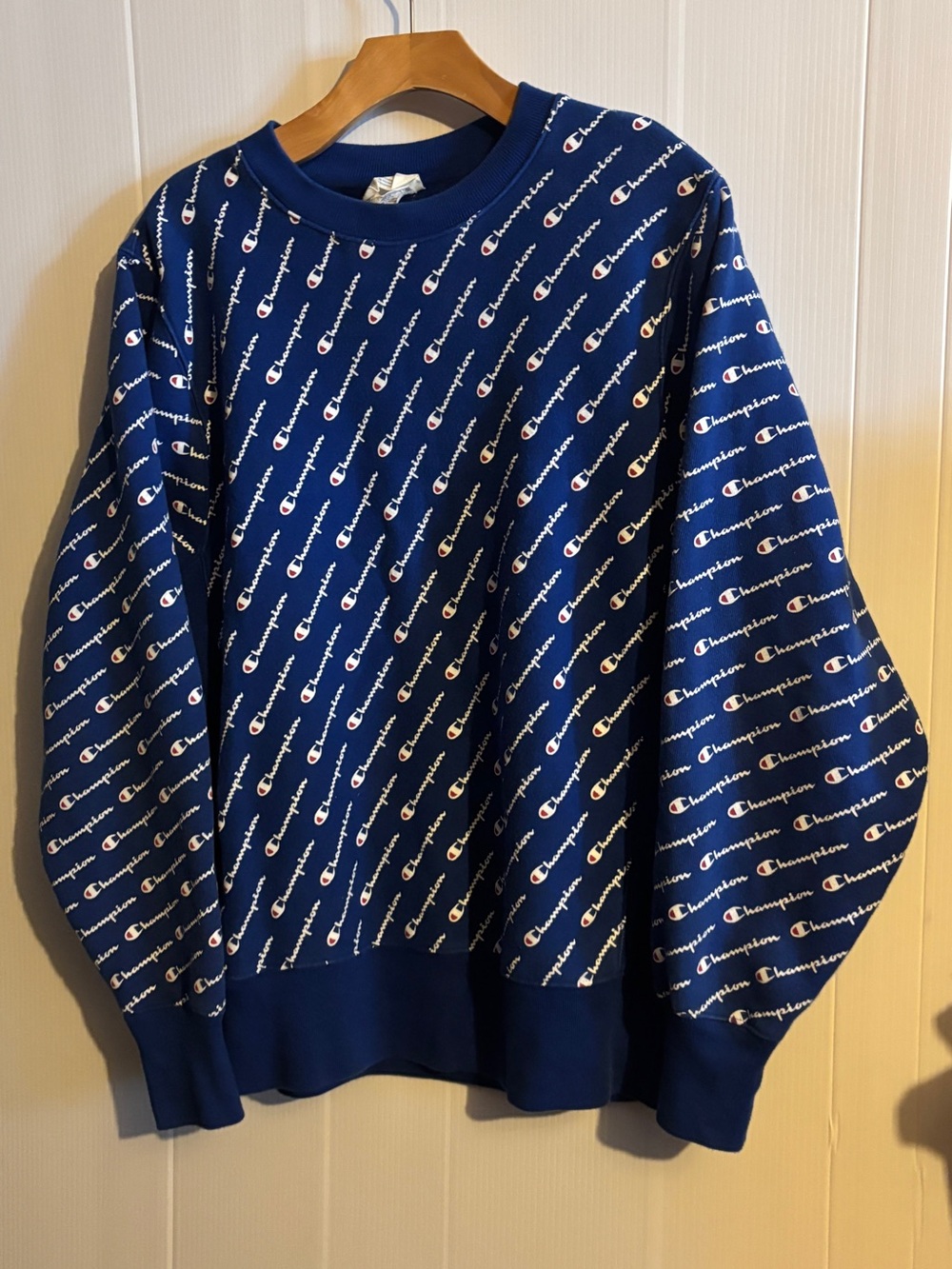 Vintage Champion Reverse Weave All Over Print Script Logo Crewneck Sweatshirt.